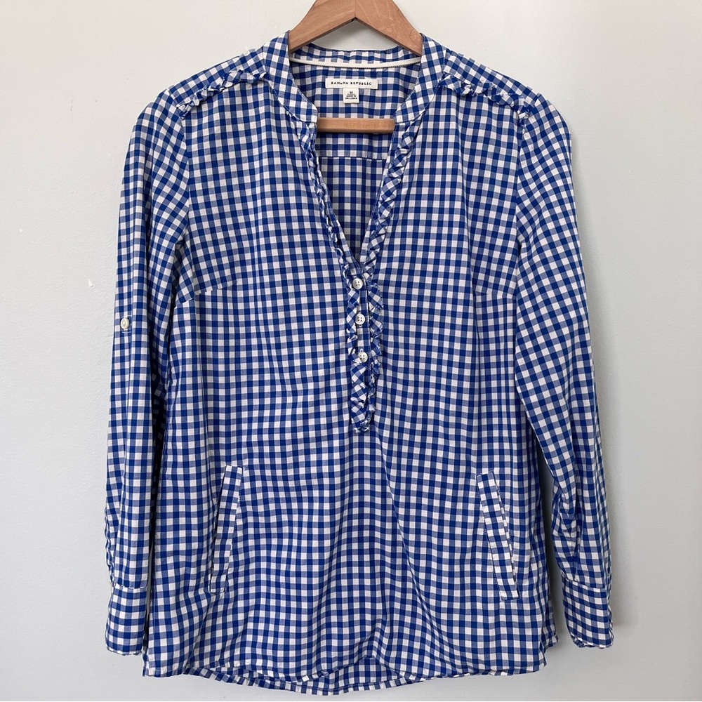 Banana Republic Blue Gingham Women's Tunic Blouse w/ Pockets
